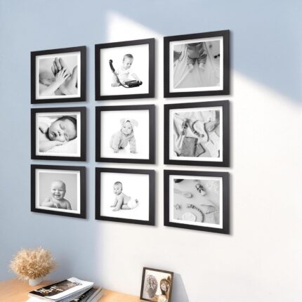 DEV AASTHA Photo Frame For Wall decoration living room | Photo Frame A4 Size | Wooden Frames For Home/Office | Frames For Wall Decor | Photo frame for wall hanging | Perfect For Gifts | Set of 9 Black Photo Frames 8x8 Inch