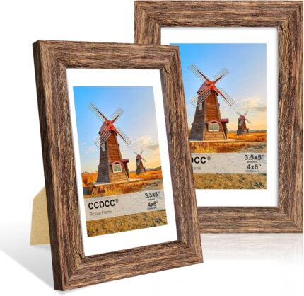 4x6 Picture Frame Set of 2, 4 x 6 Wood Photo Frames with Mat for 3.5x5, Natural Wooden Frame with Real Glass Cover for Wall and Tabletop Display, Rustic Brown